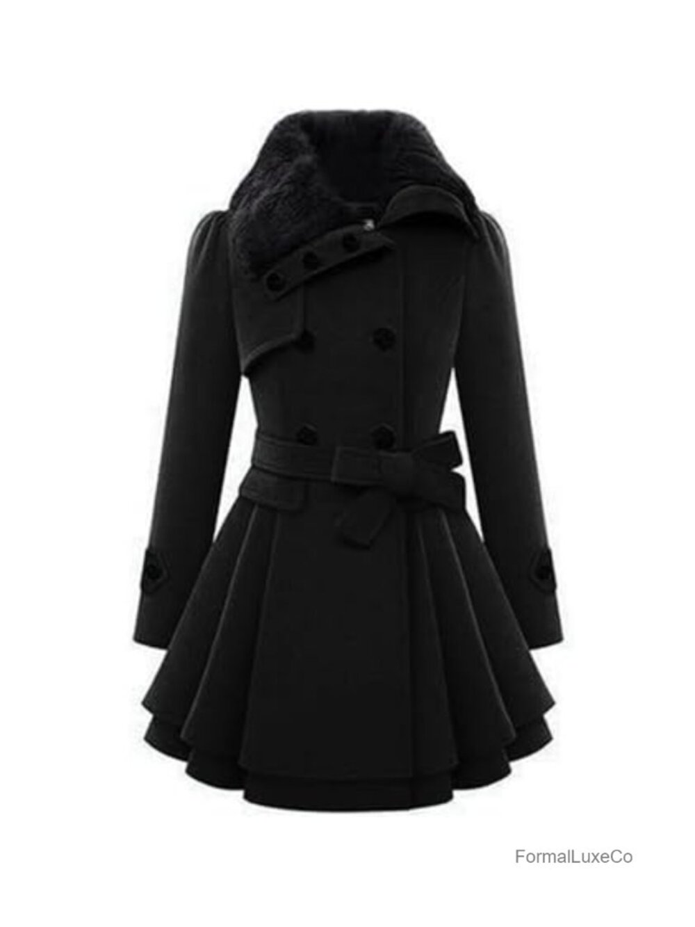 Women Faux Fur Collar Double Breasted Belted Wool Blend Trench Coat